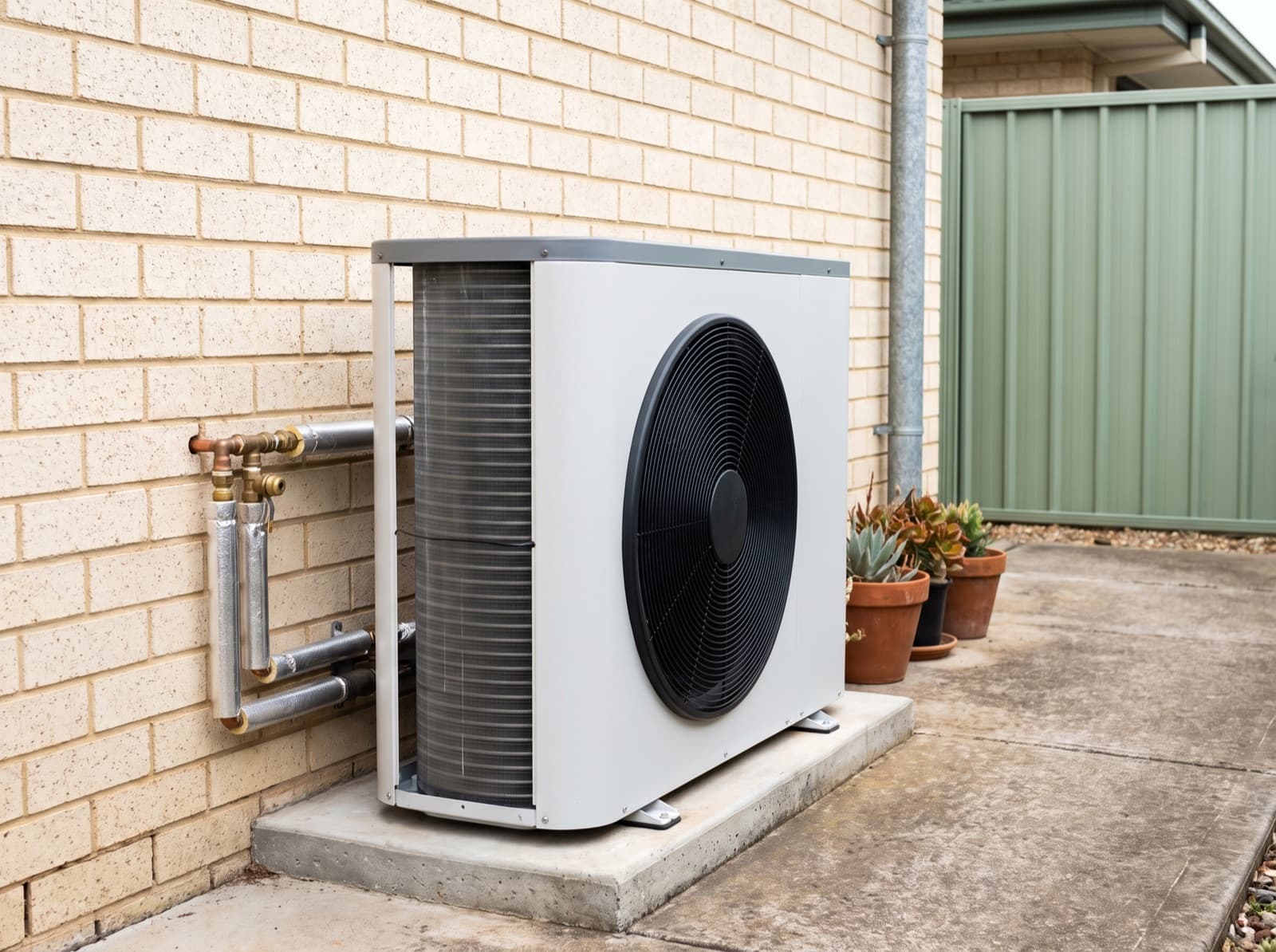 Heat pump condenser unit at the side of an Australian home