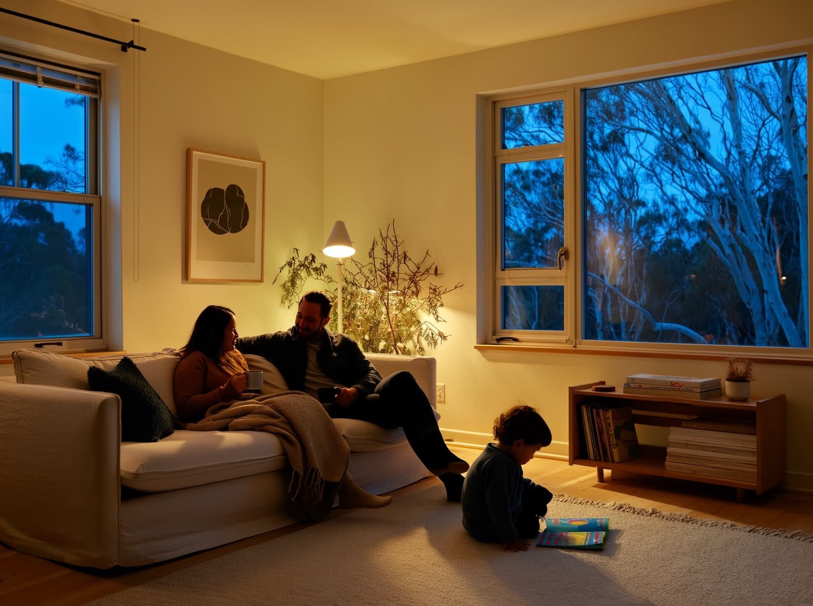 Family in a warm lounge room at dusk, gum trees through the window