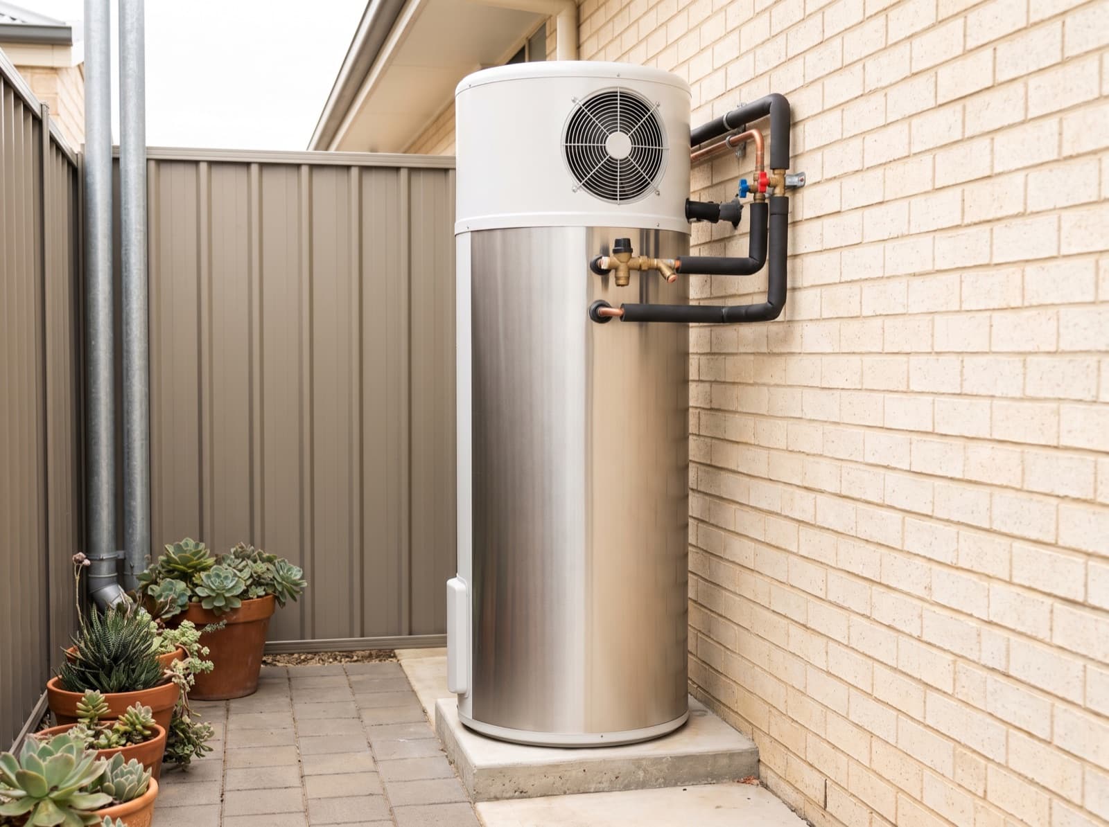 Heat pump hot water system installed at the side of an Australian home