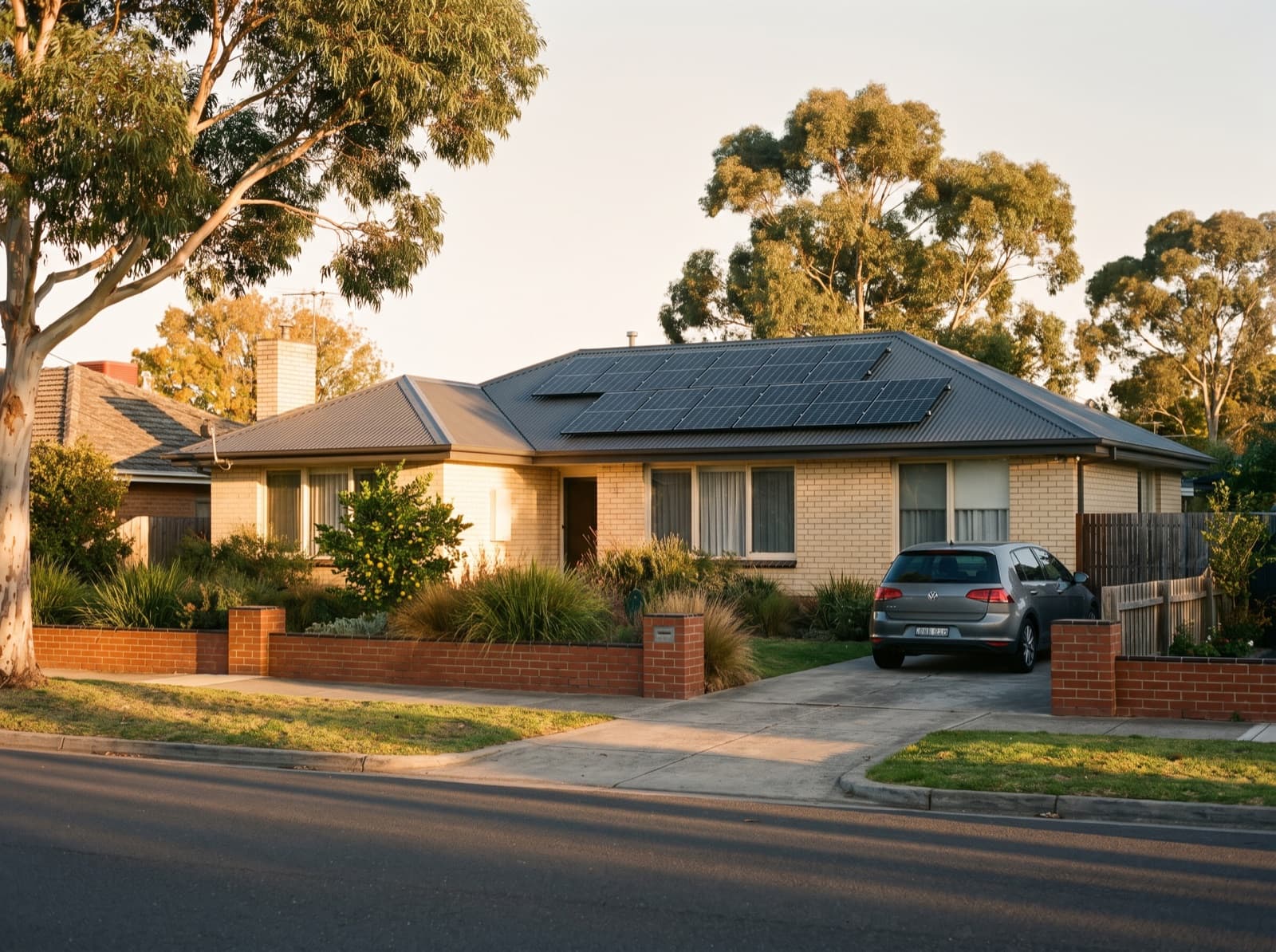 A street of brick and weatherboard homes in suburban Victoria on a clear afternoon