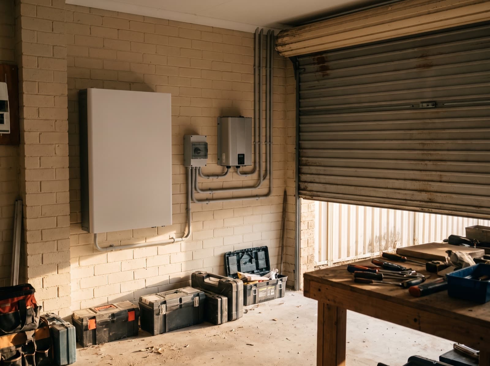 Home battery and inverter installed in an Australian garage