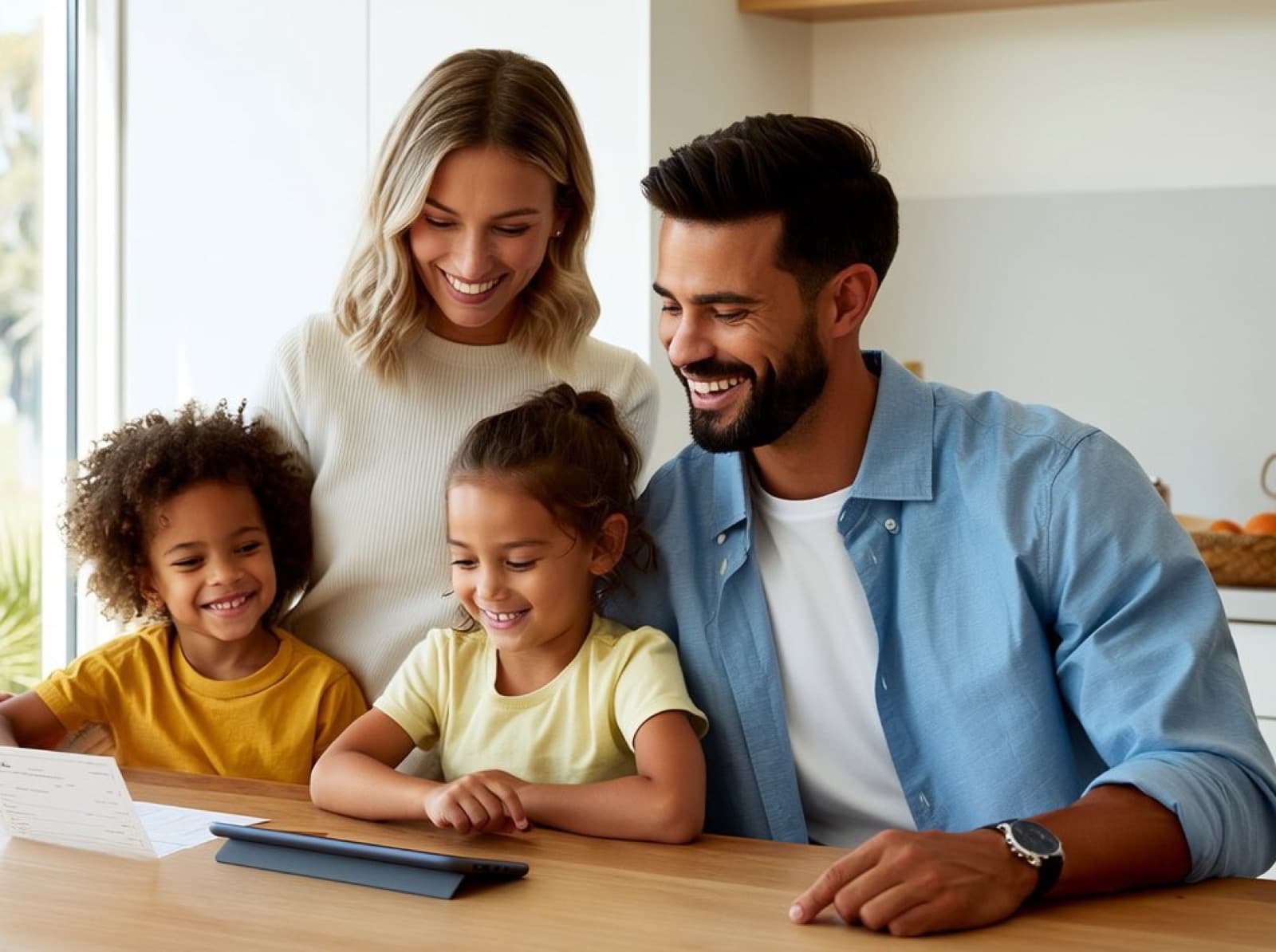 A family at their kitchen bench reading through paperwork for a home energy upgrade