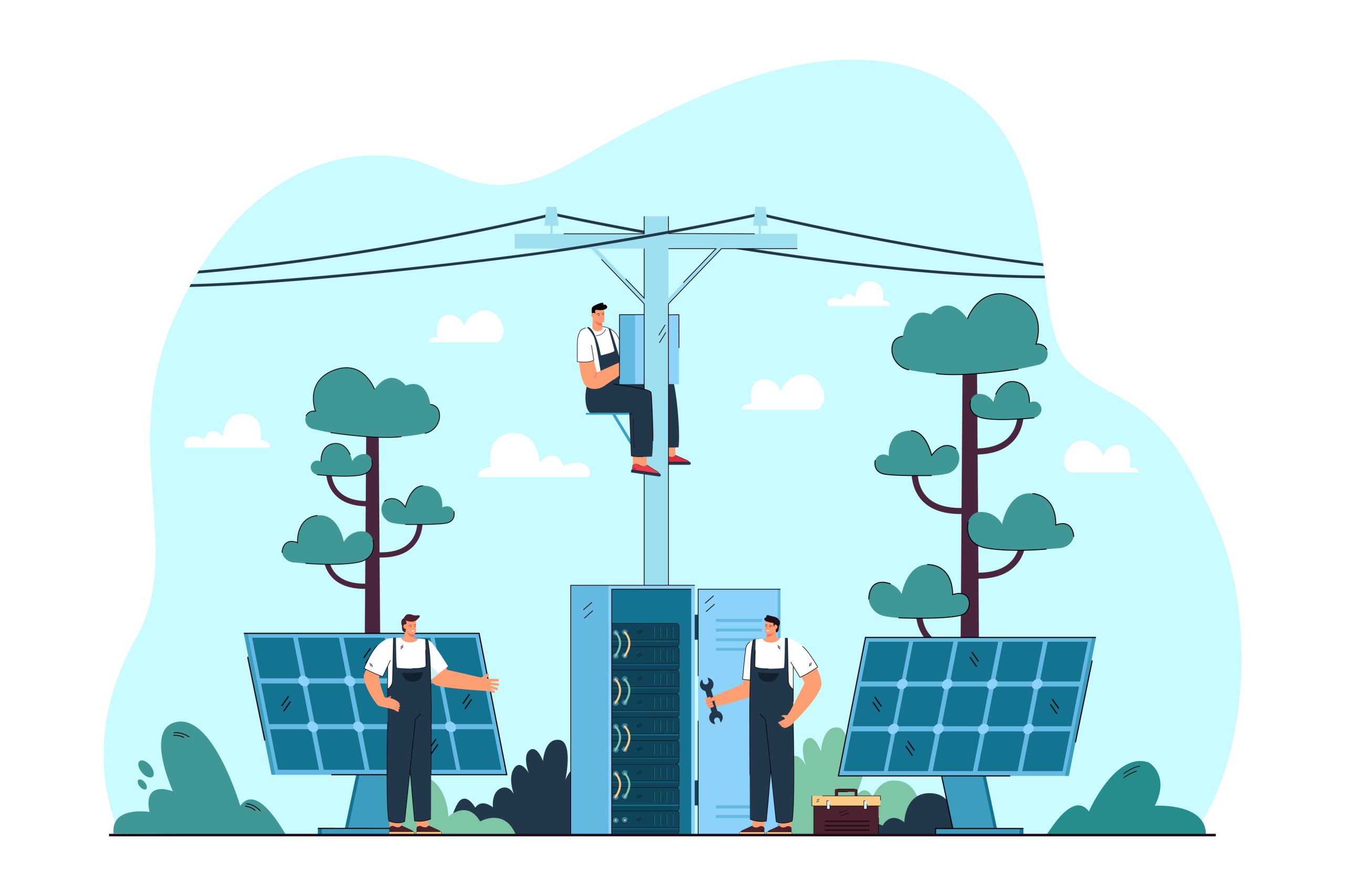 Electricians repairing electrical and solar panels on streets. Flat vector illustration. Masters fixing electrical equipment on ground and electric pole. Electricity, repair, service, safety concept