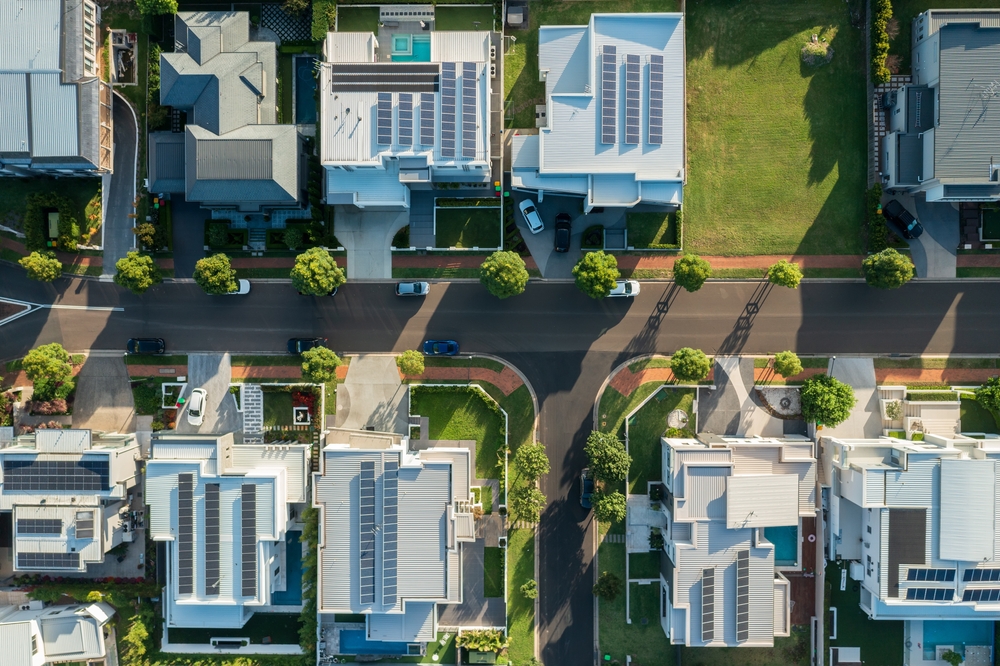 Aerial,Top,Down,Neighbourhood,View,Of,Modern,Prestige,Houses,In